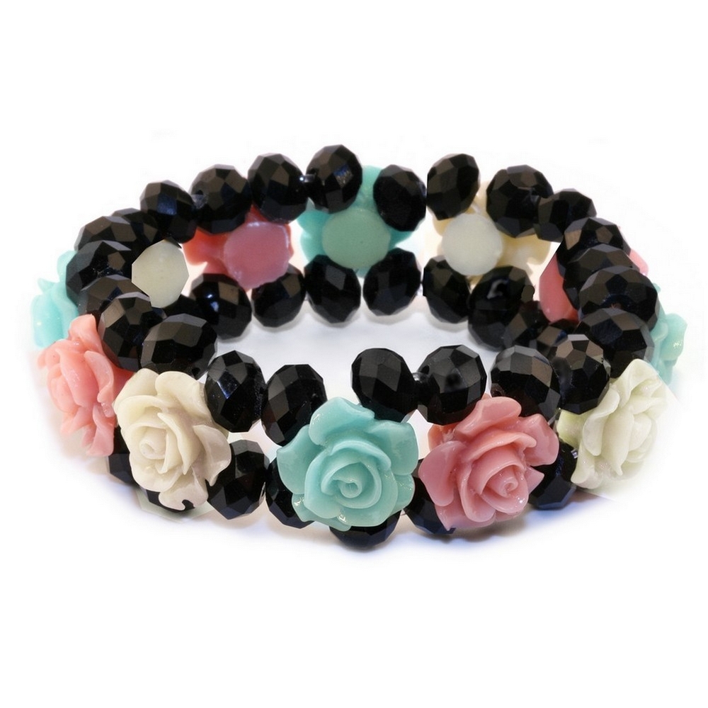 Bracelet crystal glass & resin band of rose pastel multicoloured turquoise pink & cream