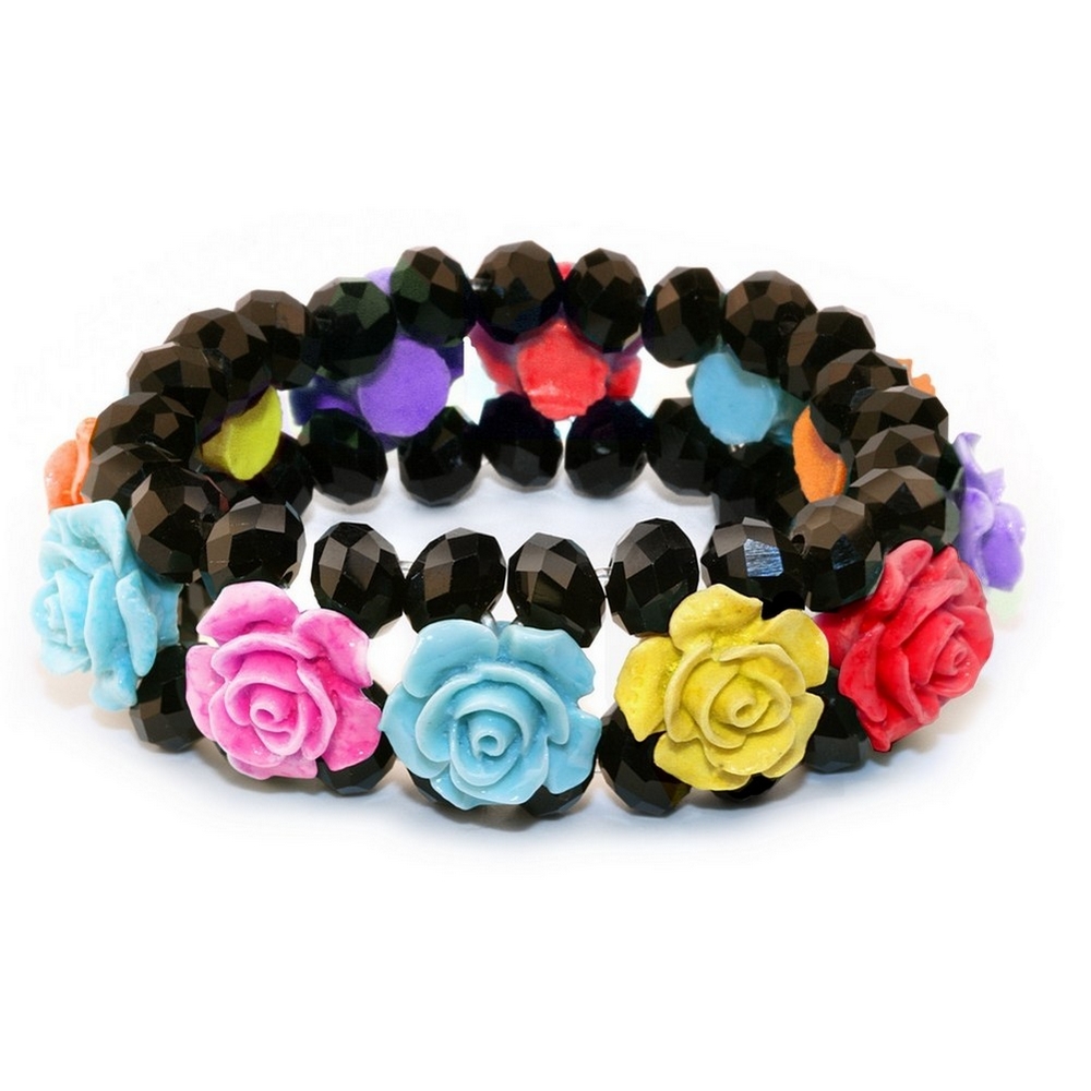 Bracelet crystal glass & resin band of roses of bright assortment