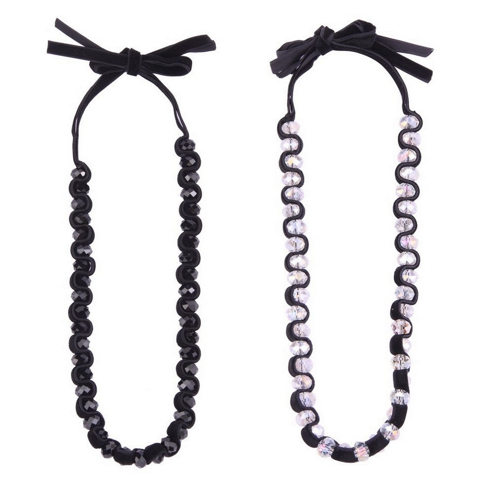 Bead string necklace crystal glass faceted bead with woven ribbon