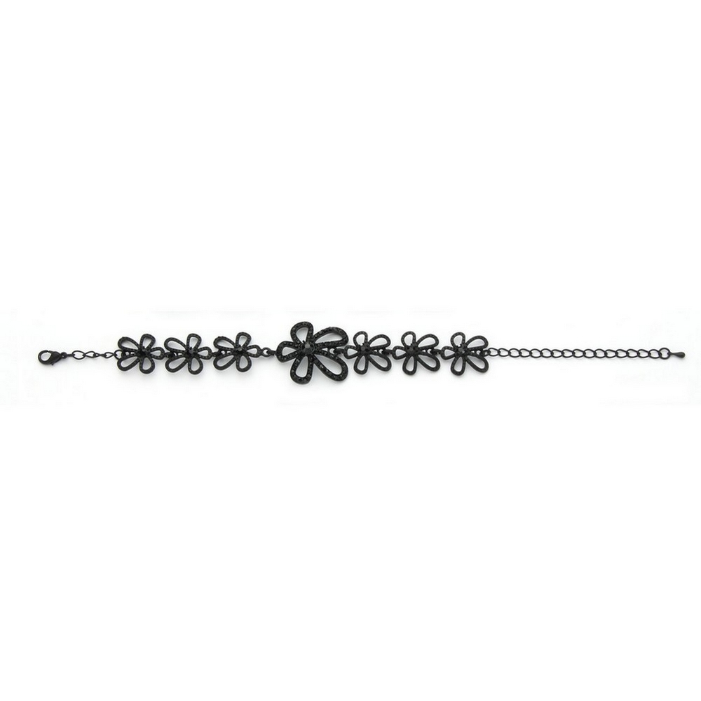 Bracelet crystal glass studded linked flowers  18cm black