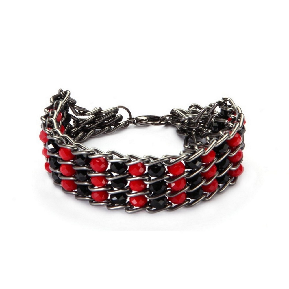 Bracelet aluminium & crystal glass embedded faceted beads 18cm red