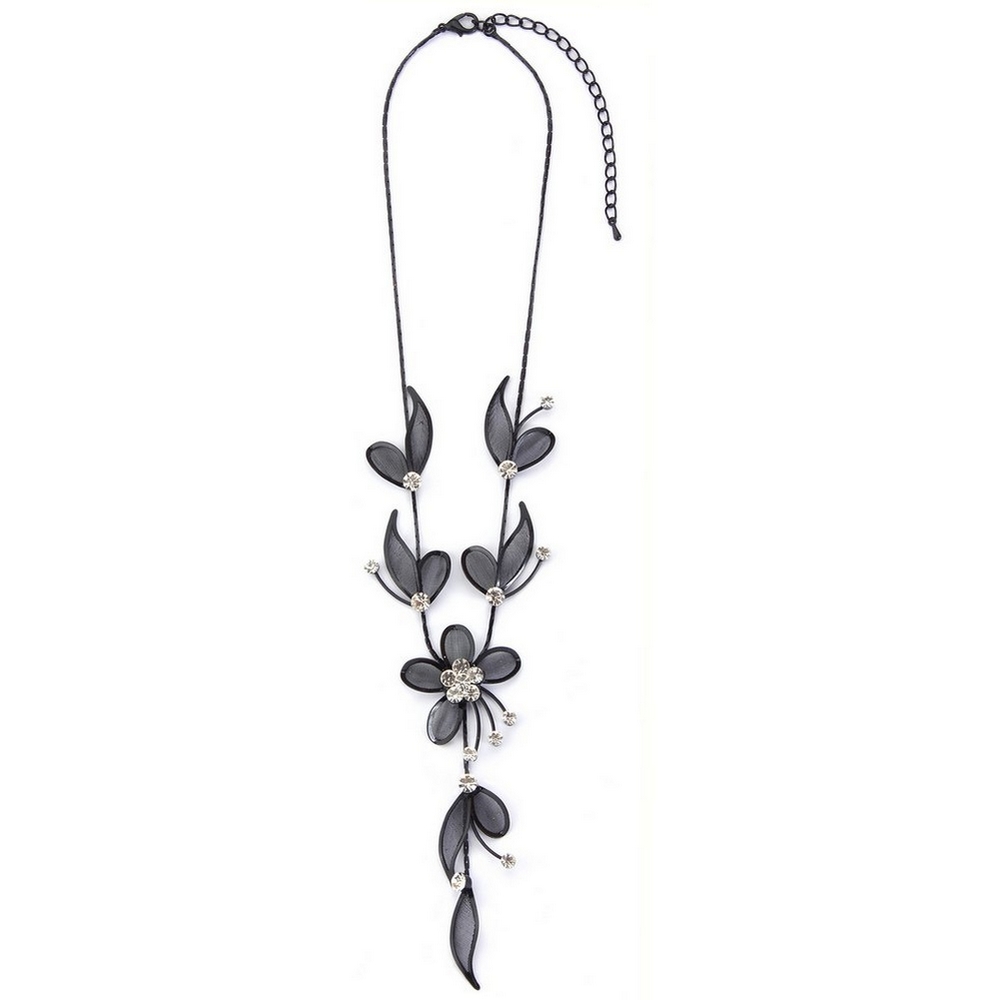 Necklace crystal glass leaf & flower black