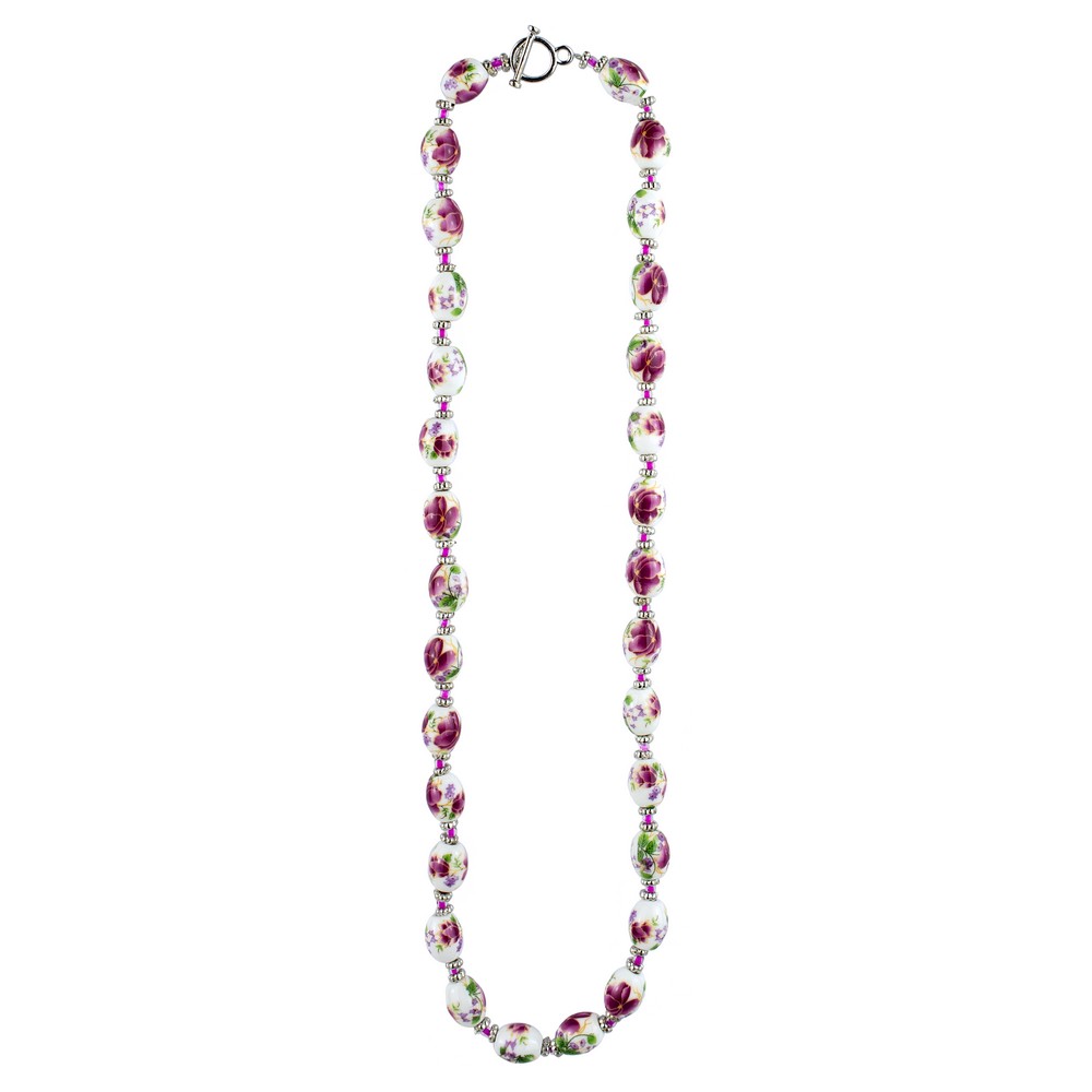 Bead string necklace ceramic & glass country garden small oval bead 45cm multicoloured