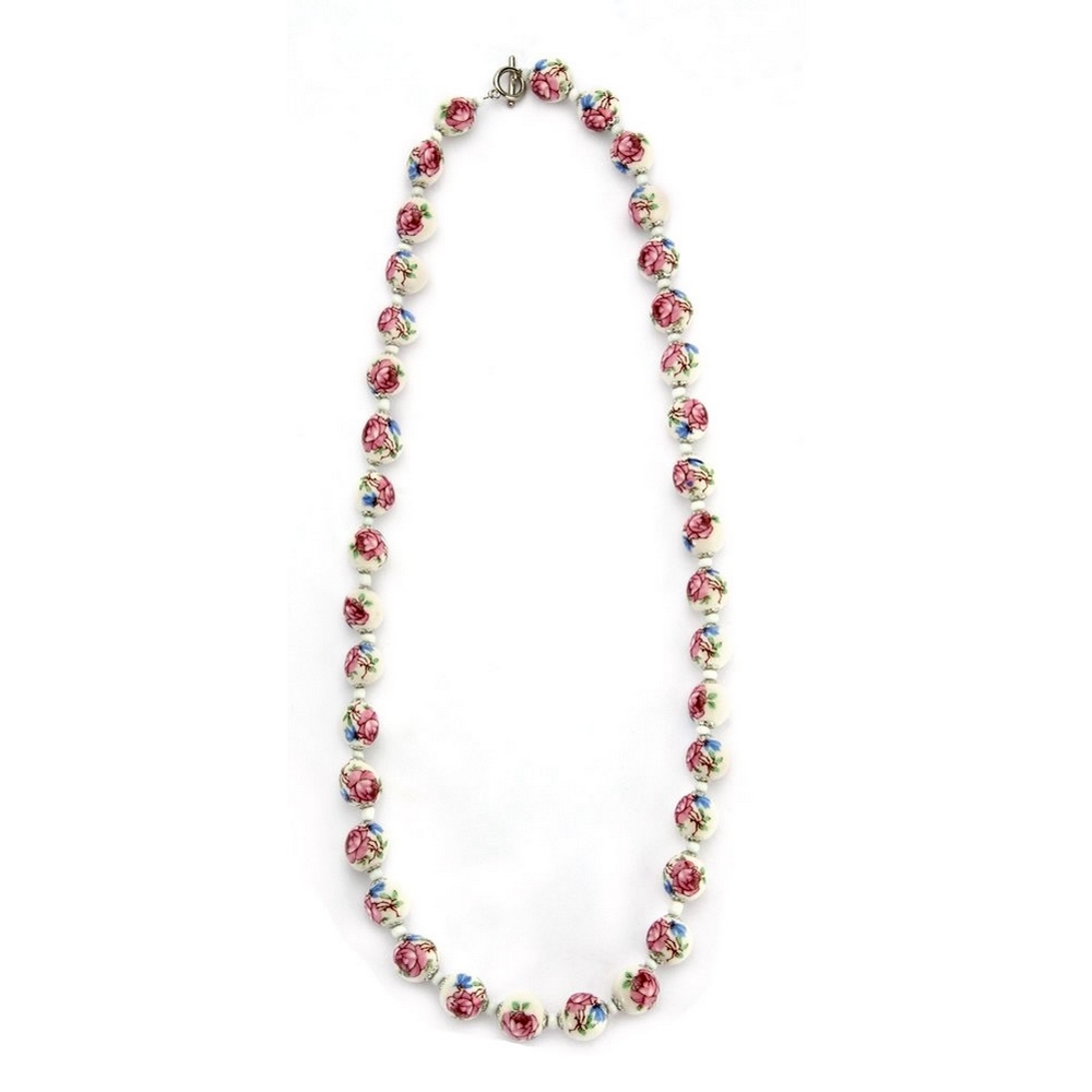 Bead string necklace ceramic & glass country garden round bead