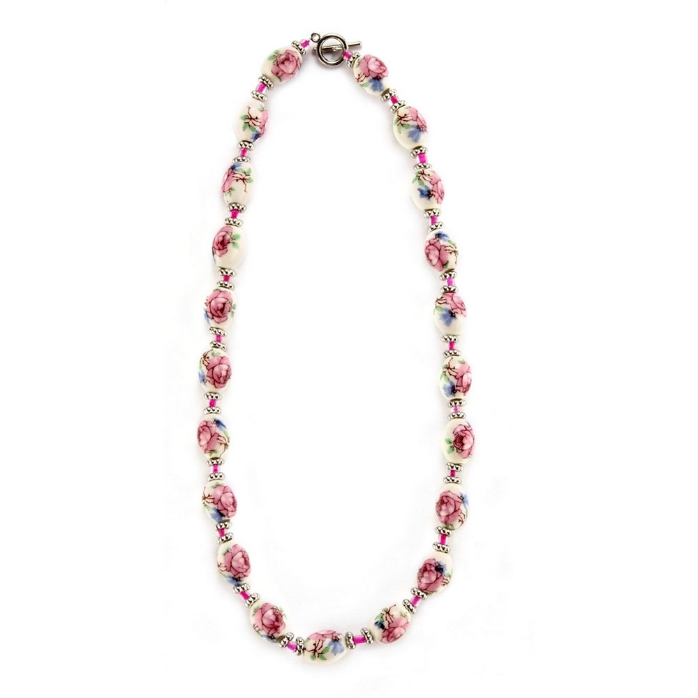 Bead string necklace ceramic & glass country garden large oval bead