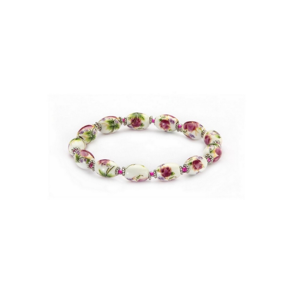 Bracelet ceramic & glass country garden small oval bead elasticated multicoloured