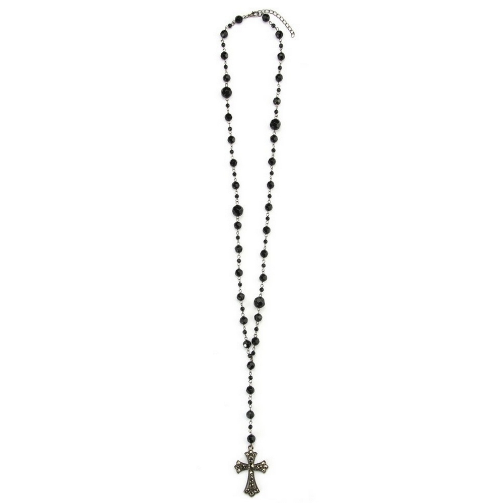 Necklace crystal glass faceted beads with cross black