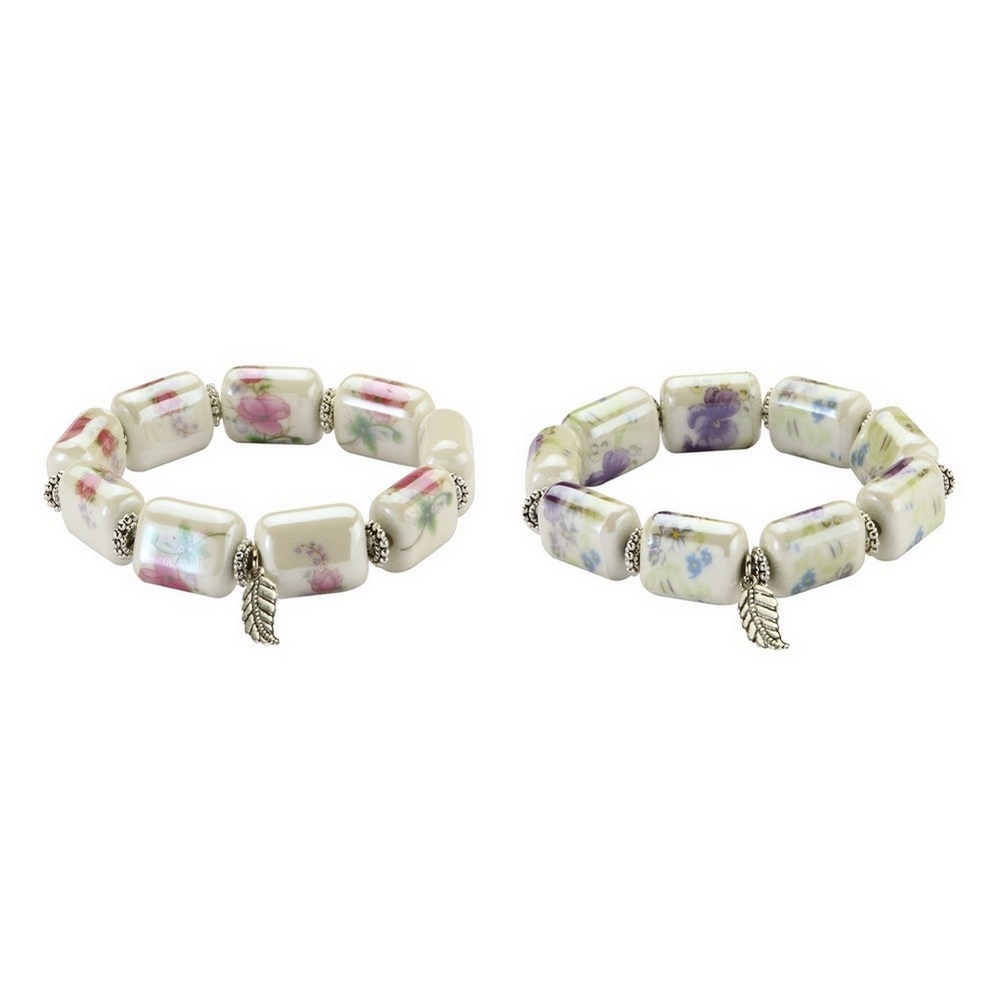 Bracelet ceramic garden flower beads with leaf charm