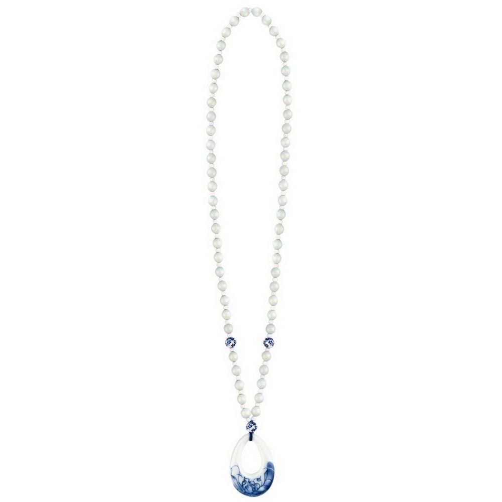 Necklace with a pendant cord & ceramic teardrop 46cm blue & white