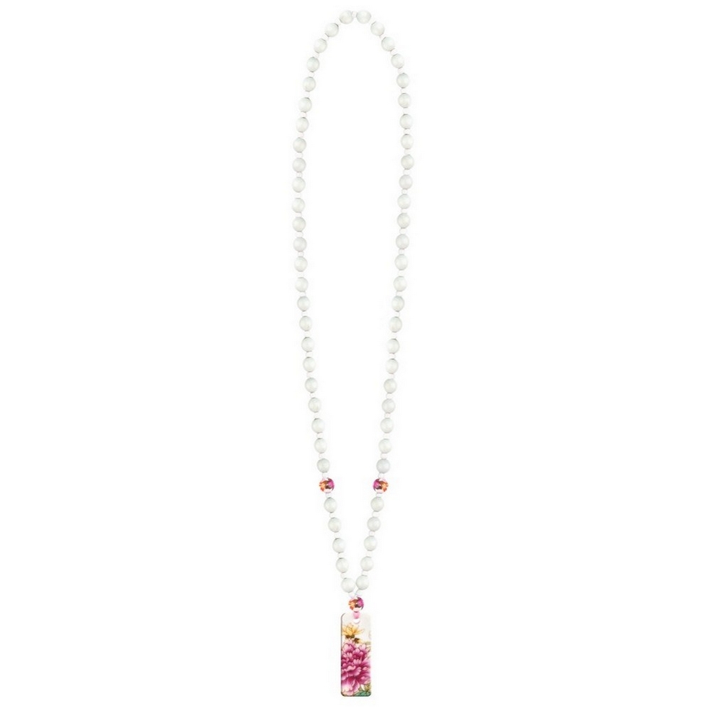 Necklace with a pendant cord & ceramic rectangle 46cm pink & white