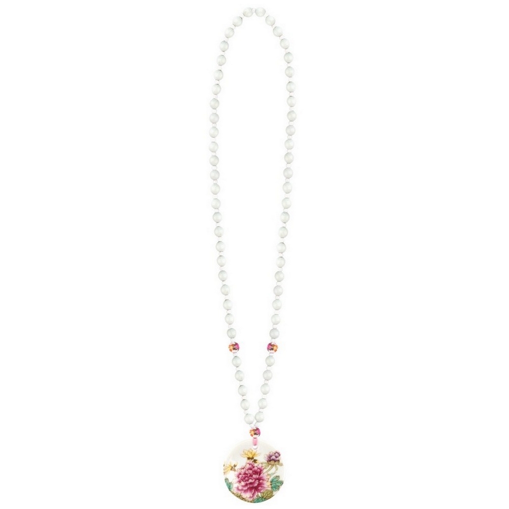 Necklace with a pendant cord & ceramic circle 46cm pink & white