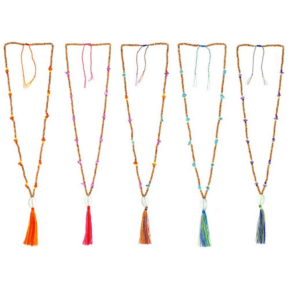 Necklace with a pendant wood & glass with chip bead & tassel