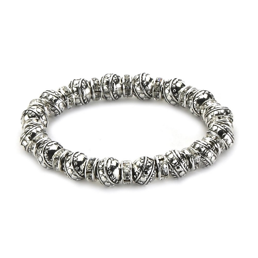 Bracelet crystal glass rondelles & detailed beads silver & clear