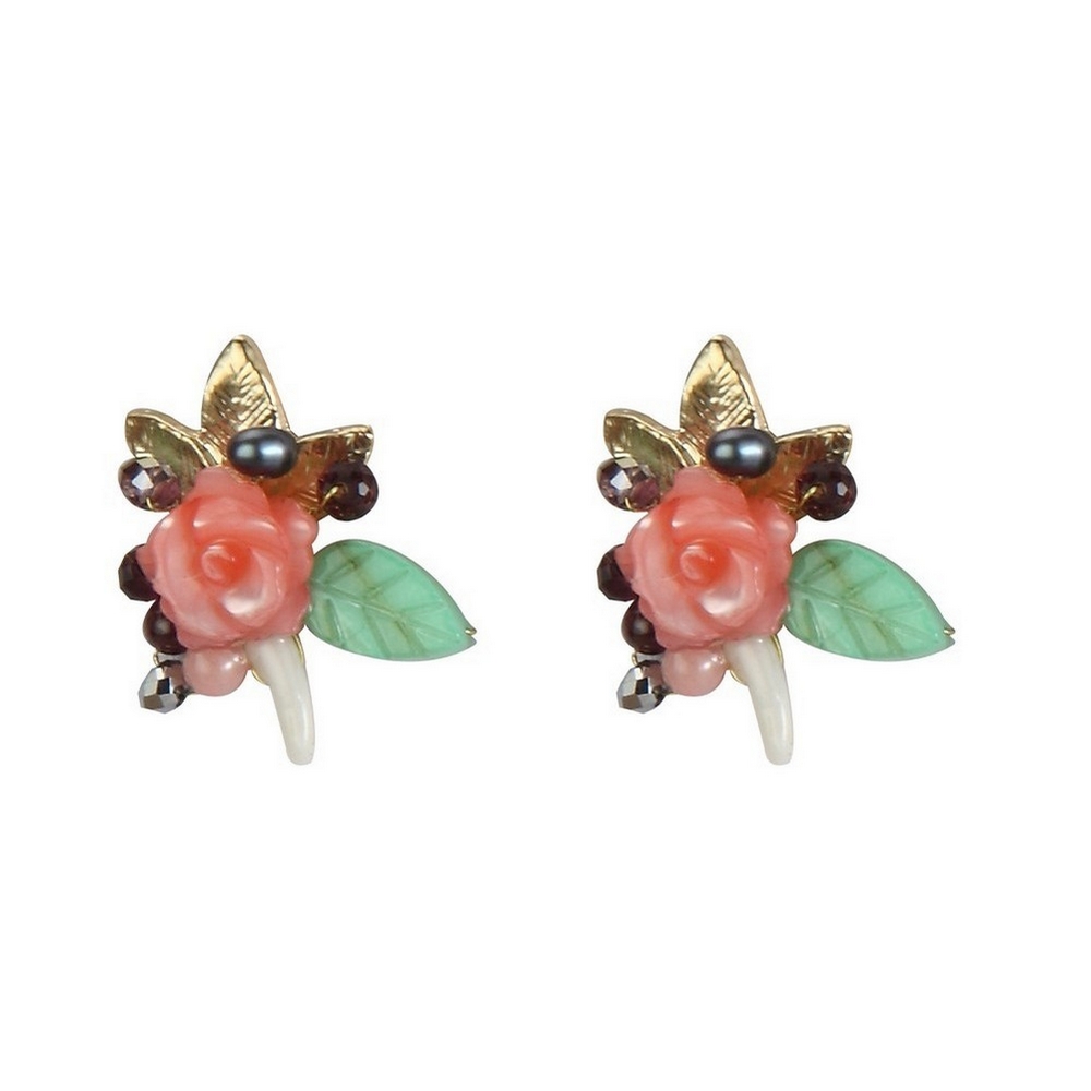 Stud earring glass & pearl vintage flower cluster pink & mint