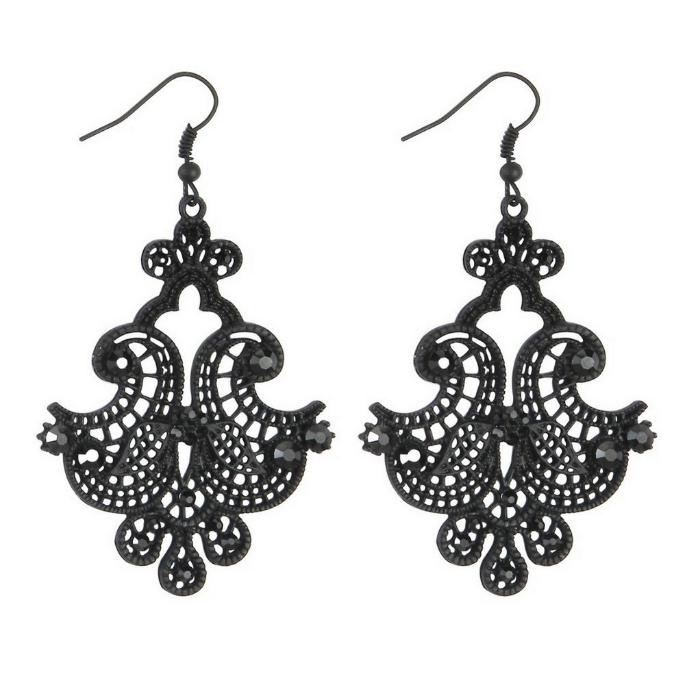 Drop earring crystal glass filigree pagoda lace black