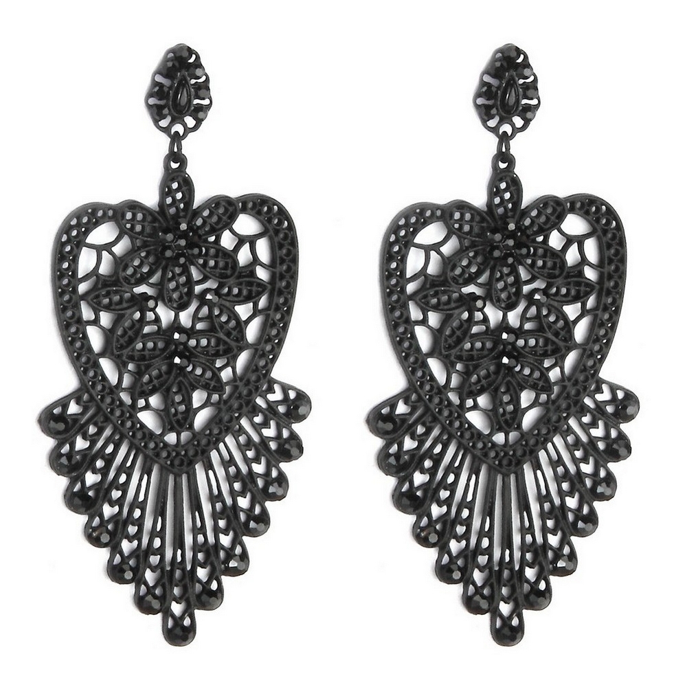 Stud & drop earring crystal glass filigree lace heart black