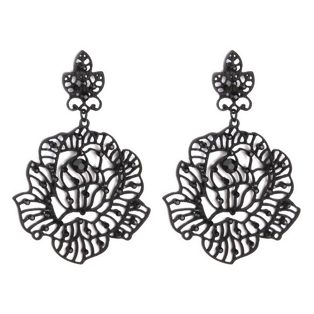 Stud & drop earring crystal glass filigree lace flower 75mm black