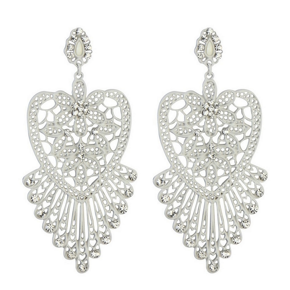 Stud & drop earring crystal glass filigree lace heart white