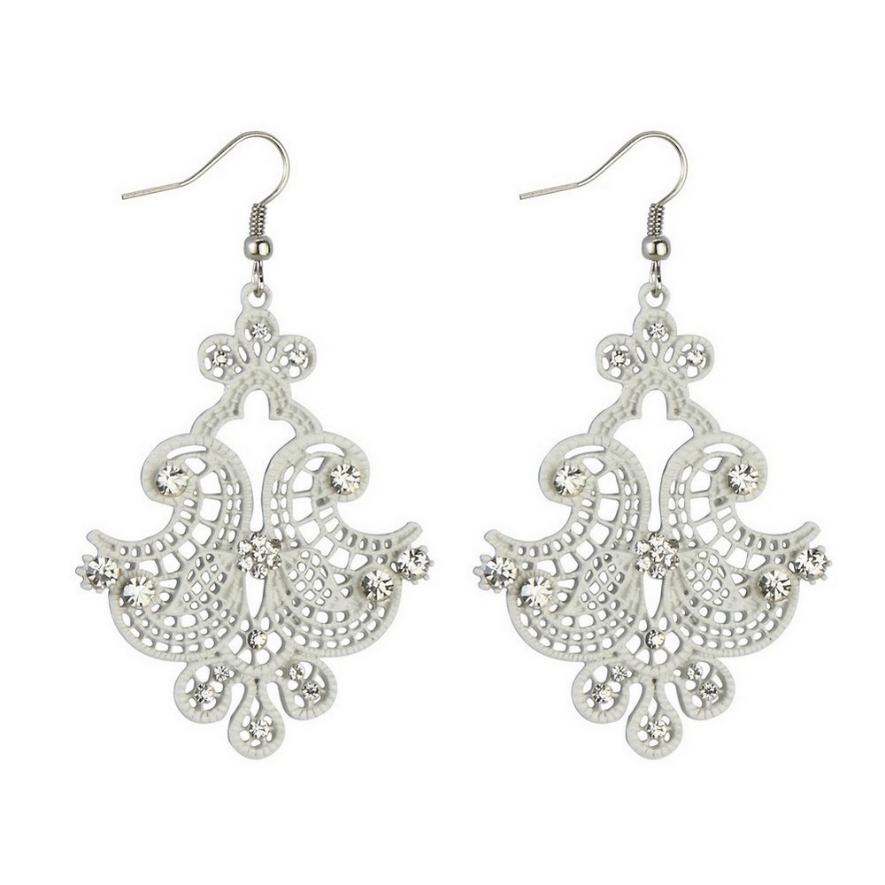 Drop earring crystal glass filigree lace white