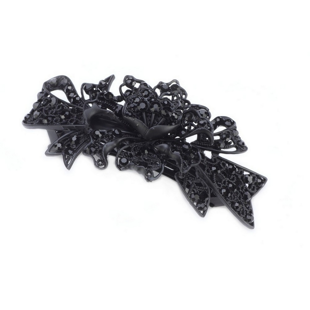 Barrette crystal glass studded filigree black