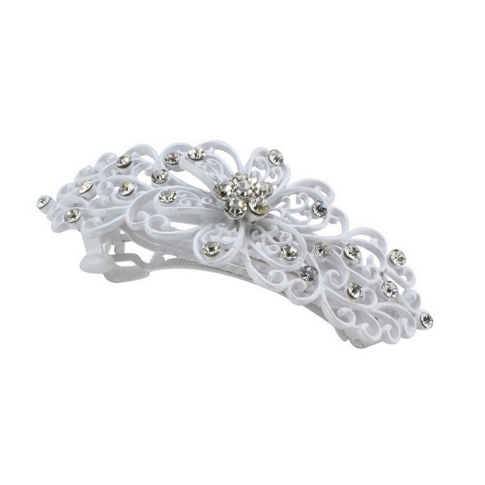 Barrette crystal glass studded filigree white