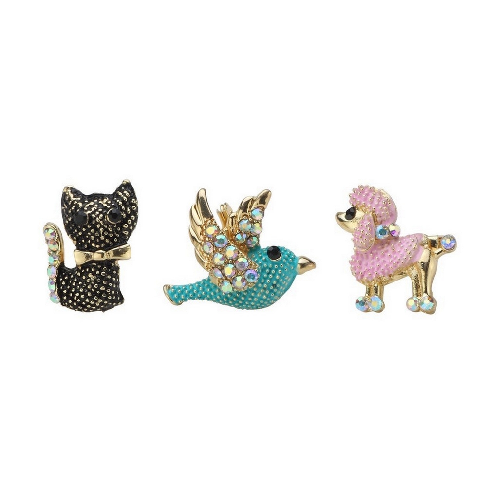 Brooch crystal glass bird cat & poodle 25mm