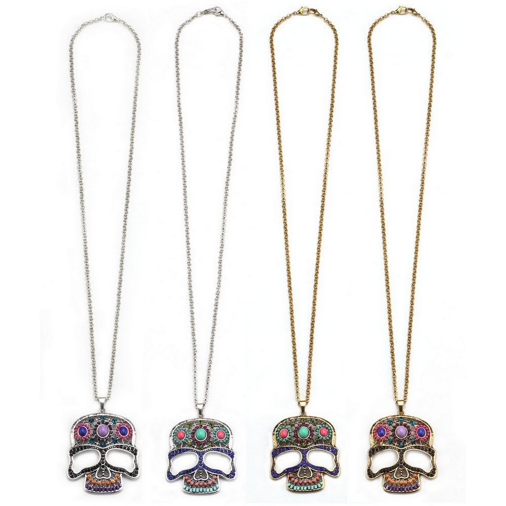 Necklace with a pendant enamel & crystal glass skull on a chain