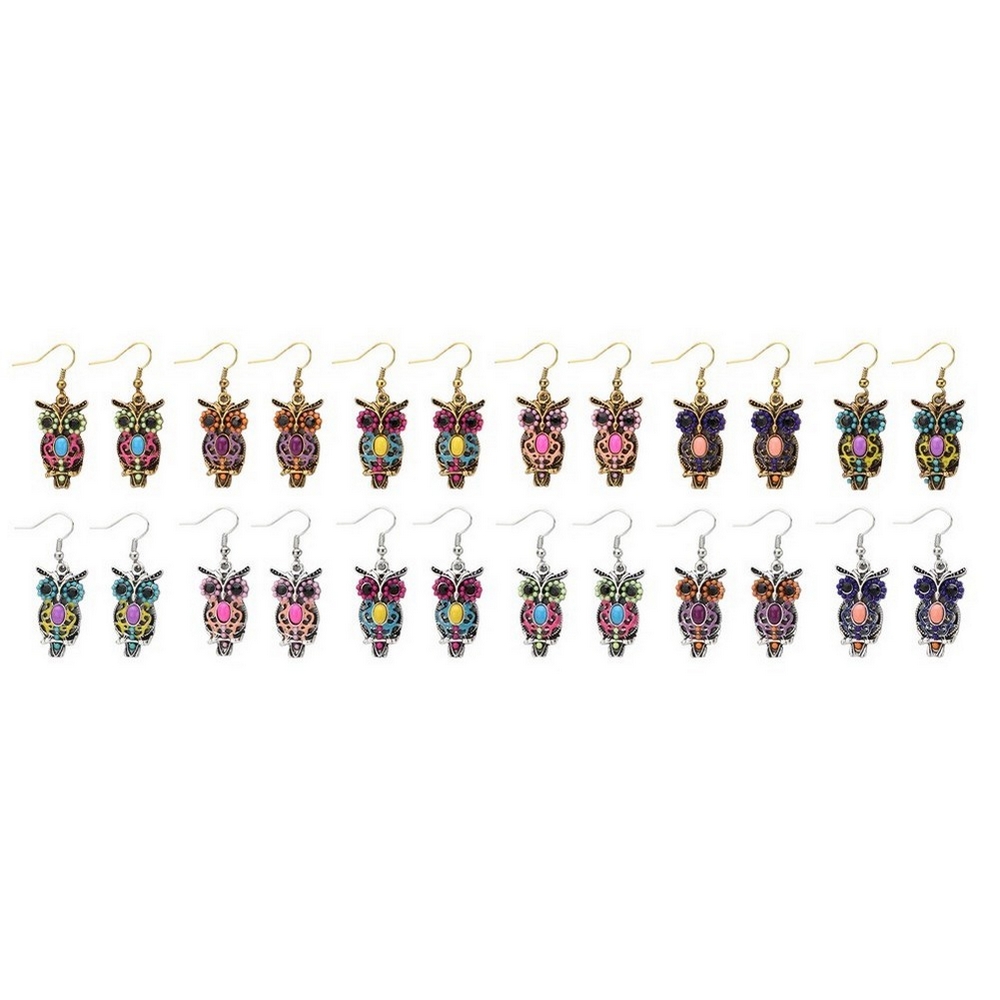 Drop earring enamel & crystal glass owl