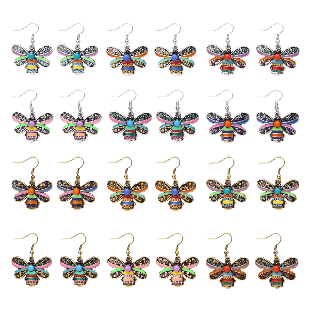 Drop earring enamel & crystal glass bee