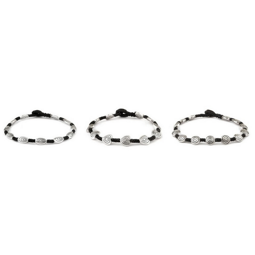 Bracelet cord swirl circle heart and oval beads silver & black