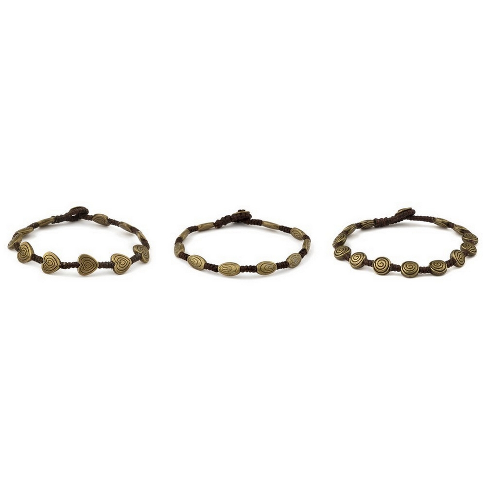 Bracelet brass & cord swirl circle heart and oval beads 19.5cm gold & black