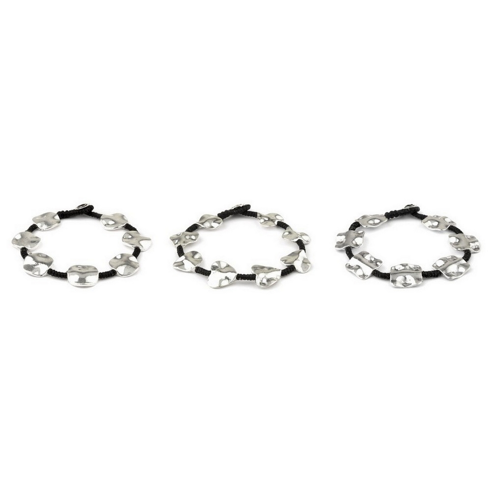 Bracelet cord square circle and heart 19.5cm silver & black