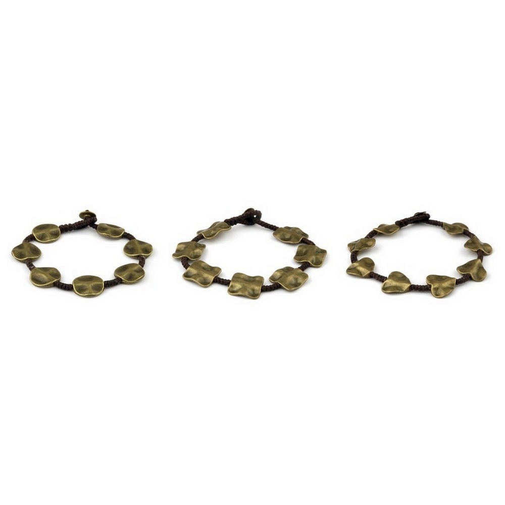 Bracelet brass & cord square circle & hearts gold & black