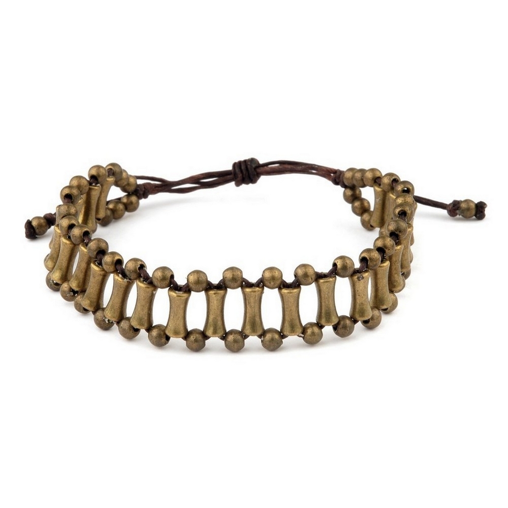 Bracelet brass & cord multi bar with pull tie gold