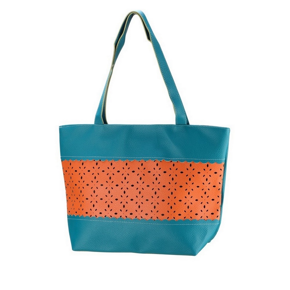 Shopper bag punched orange mid section 43x30x13cm Teal Blue