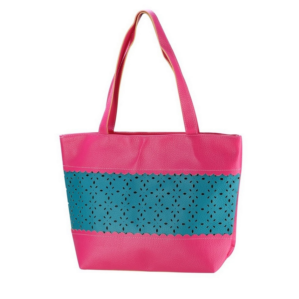 Shopper bag Teal Blue mid section pattern punched fuchsia pink