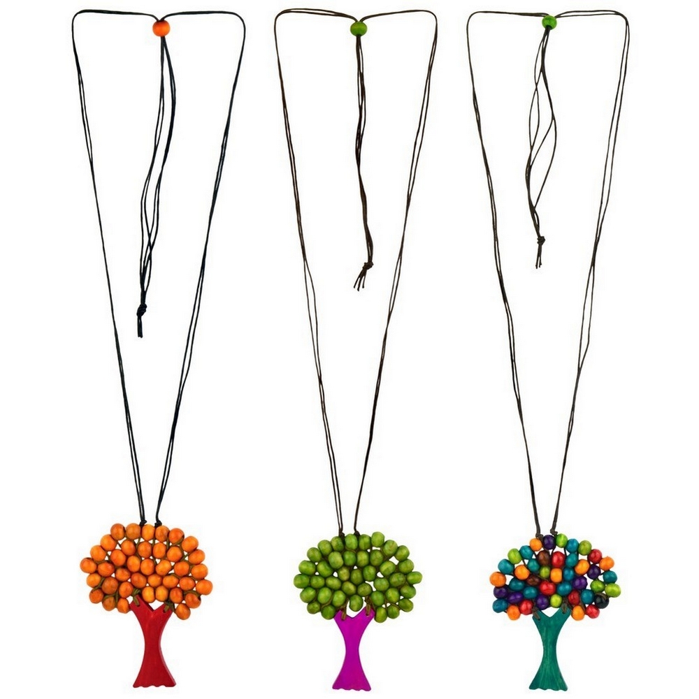 'Any length' necklace with a pendant wood & cord beaded tree