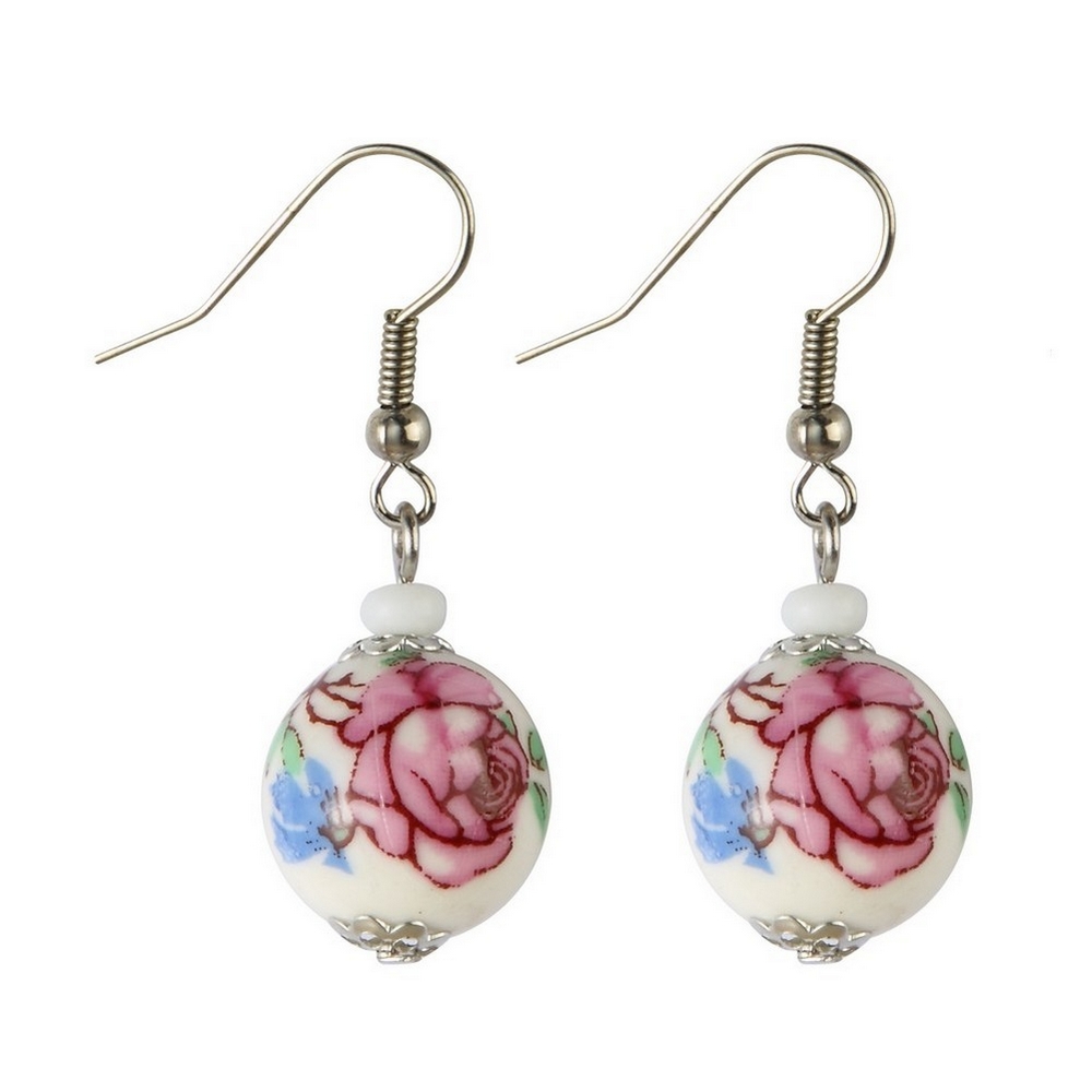 Drop earring ceramic & glass country garden round bead 30mm multicoloured