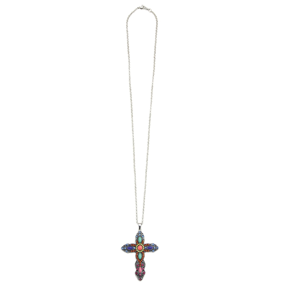 'Any length' necklace with a pendant enamel embellished rich cross 80cm max