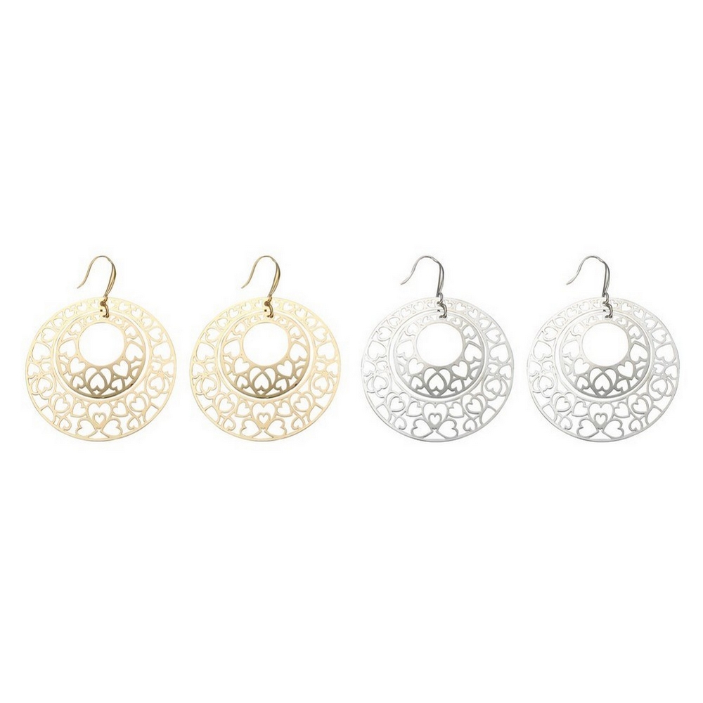 Drop earring etched heart double disc 70mm