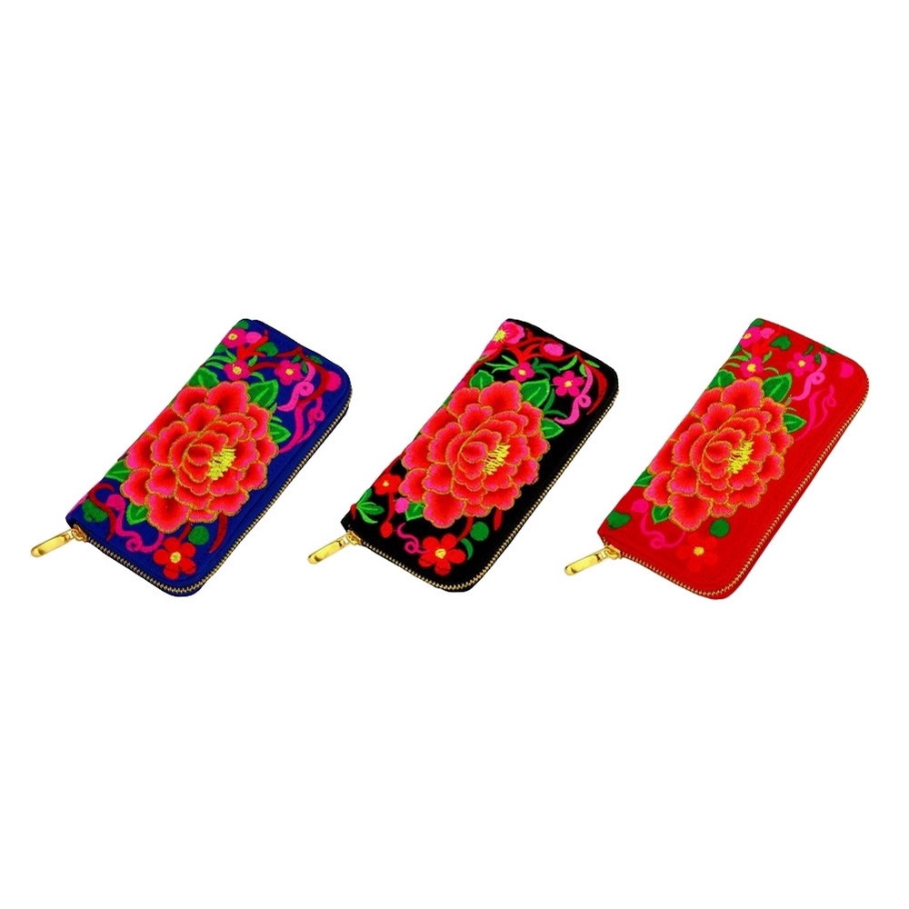 Zip wallet cotton embroided Aztec dahlia