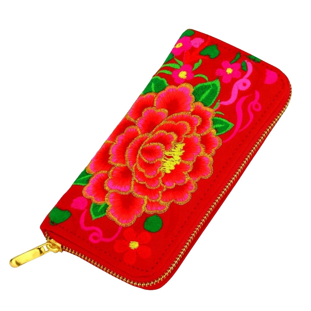 Zip wallet cotton embroided Aztec dahlia red