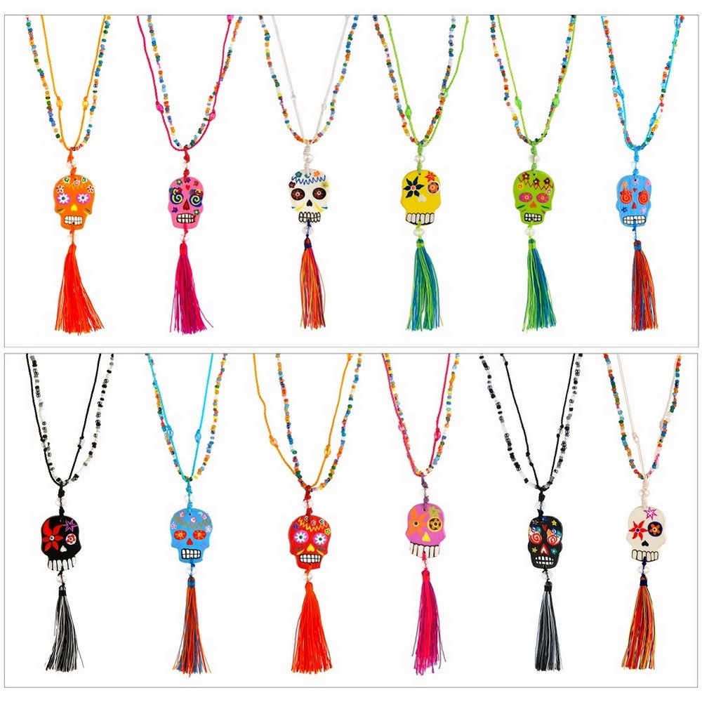 Necklace Y with a pendant string wood & glass beads day of the dead with tassel