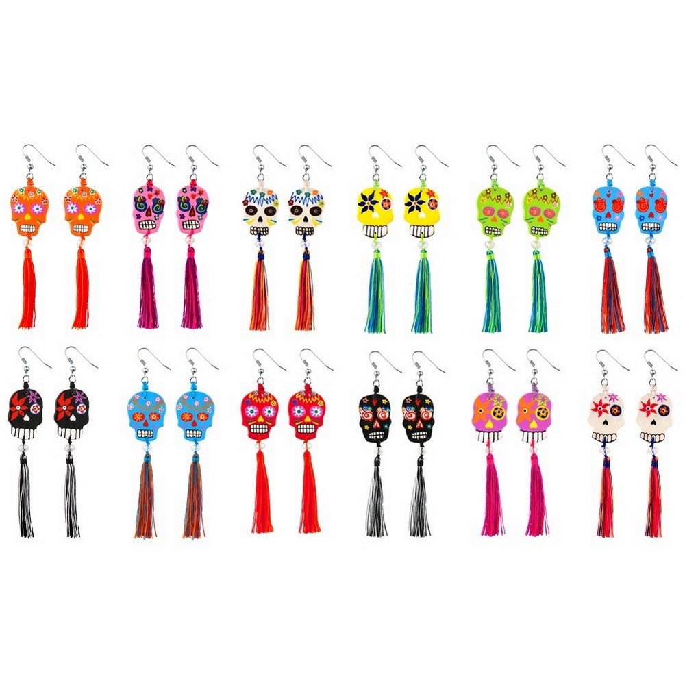 Drop earring wood day of the dead with tassel