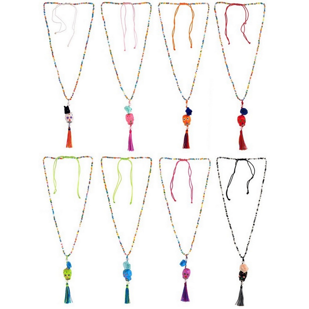 Necklace Y with a pendant string wood & glass beads day of the dead with tassel adjustable