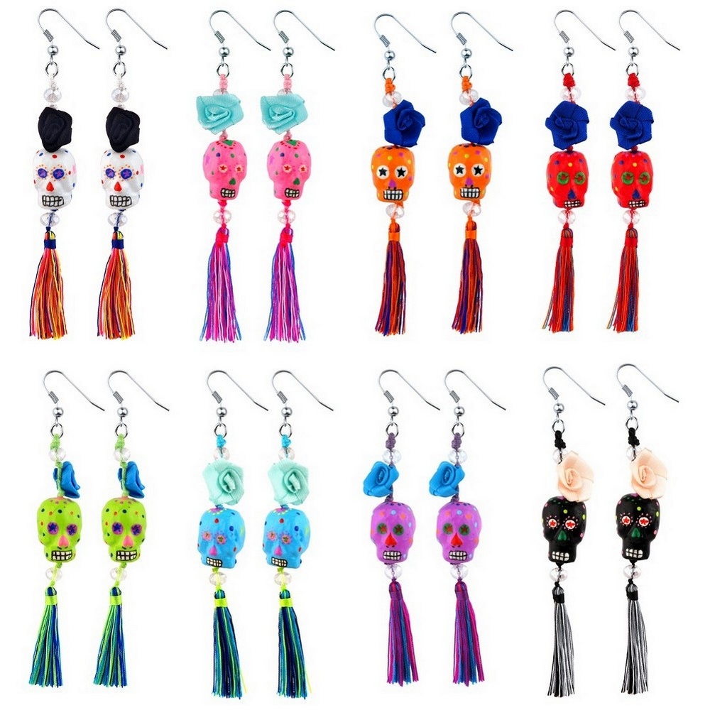 Drop earring wood day of the dead with tassel & flower