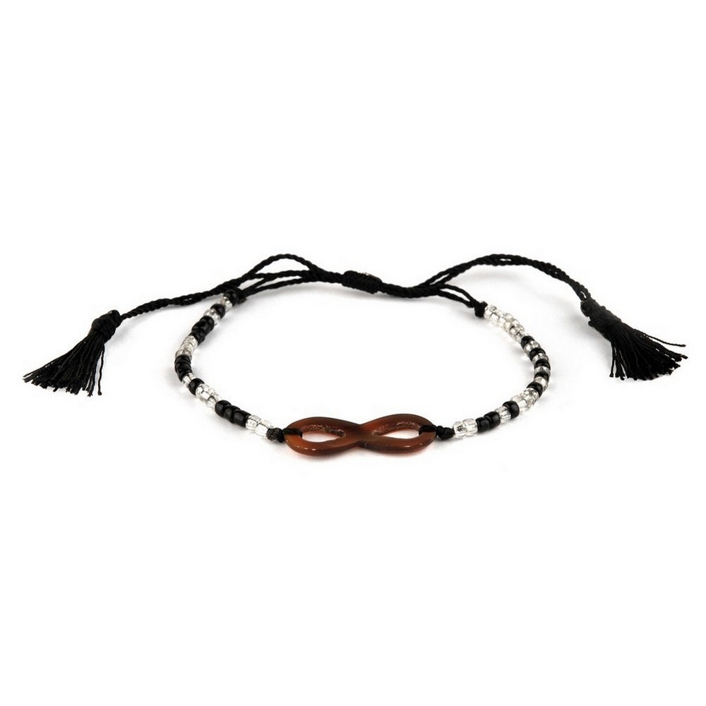 Bracelet glass beads & cotton infinity adjustable black & clear