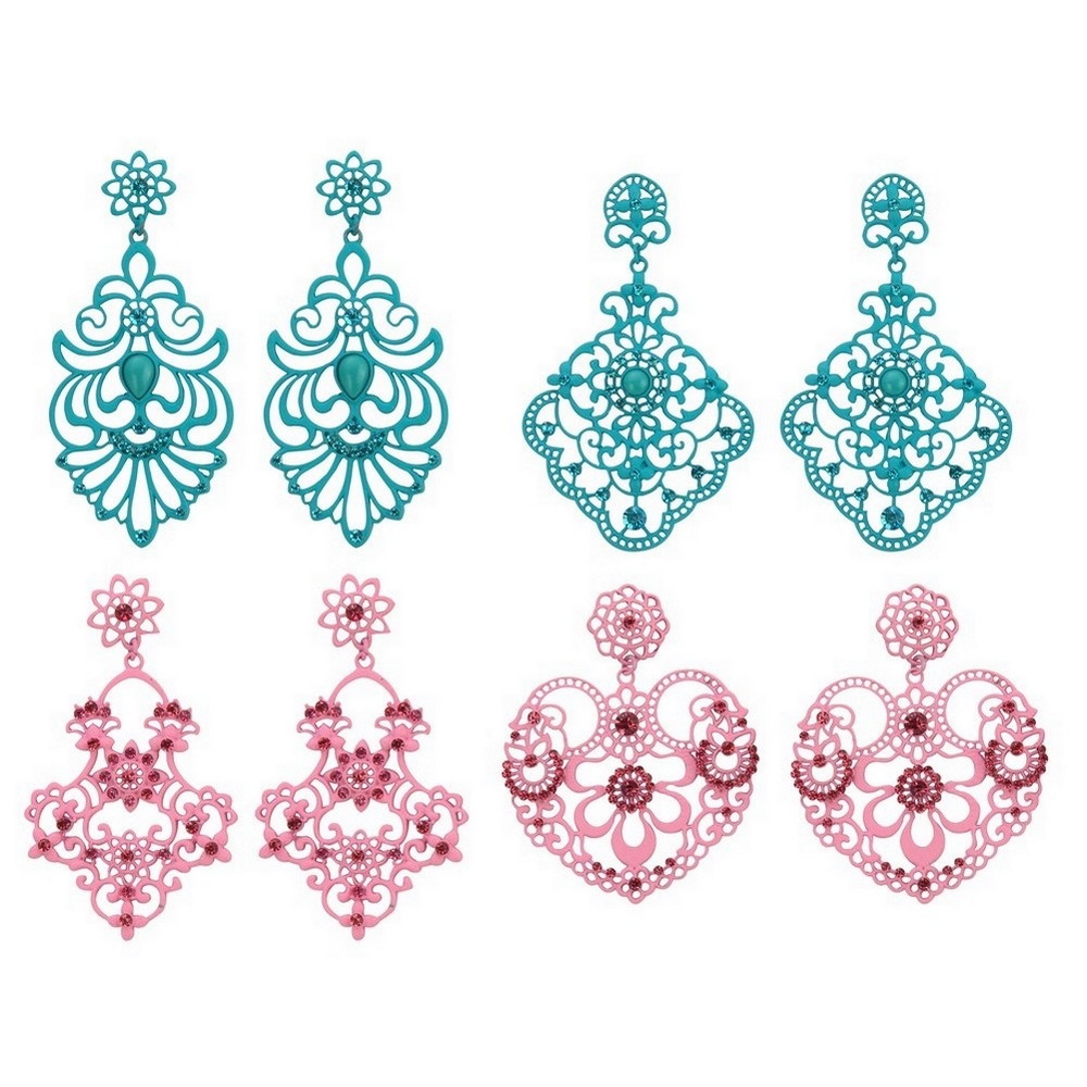Stud & drop earring crystal glass art nouveau filigree designs pink & turquoise