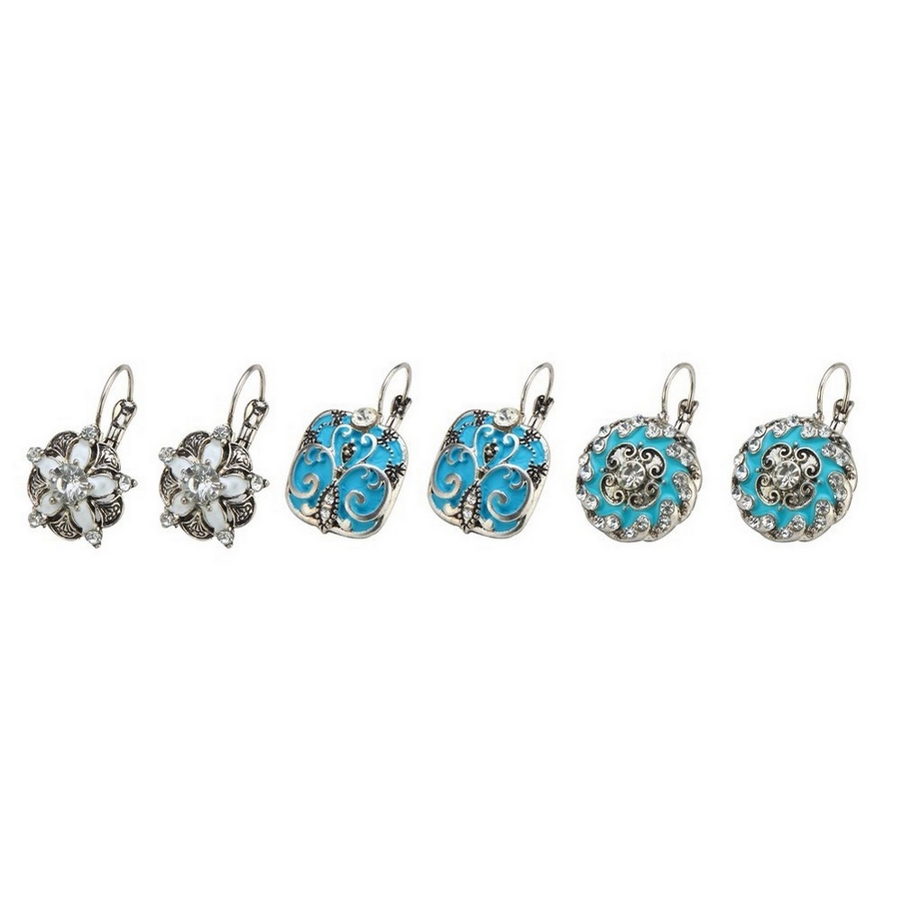 Drop earring crystal glass vintage enamel antique silver with turquoise