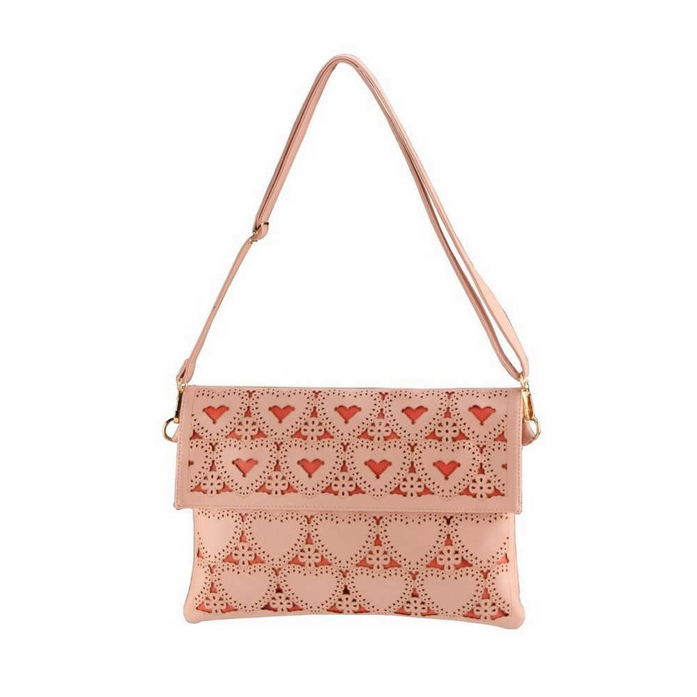 Clutch bag punched perforare hearts with strap pink